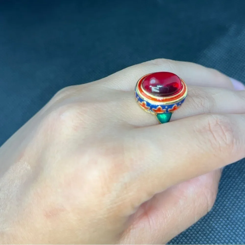 Red  Cabochon Enamel Ring - Picture 8 of 17